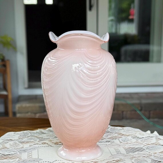 Art Deco Fenton Melon Pink Case Overlay Feather Vase