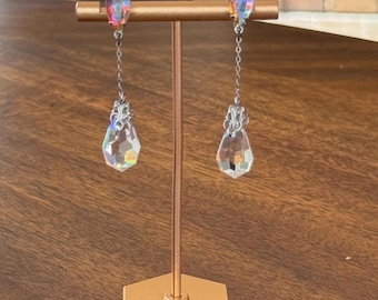 Vintage Aurora Borealis Crystal Dangle Clip On Earrings