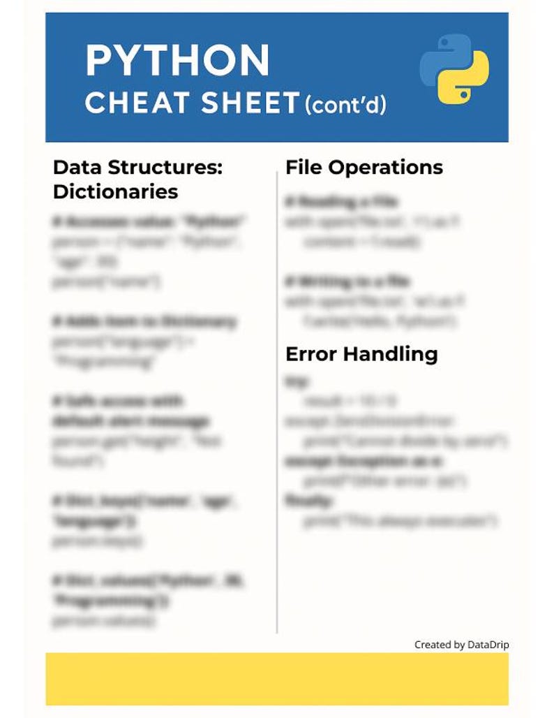 May include: A blue and yellow Python cheat sheet with the text "PYTHON CHEAT SHEET (cont'd)" at the top. The cheat sheet covers data structures, file operations, and error handling.