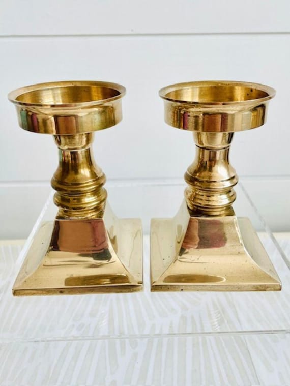 Vintage Brass Candlestick Holders | 1990s Square Base Table Decor, Set of 2