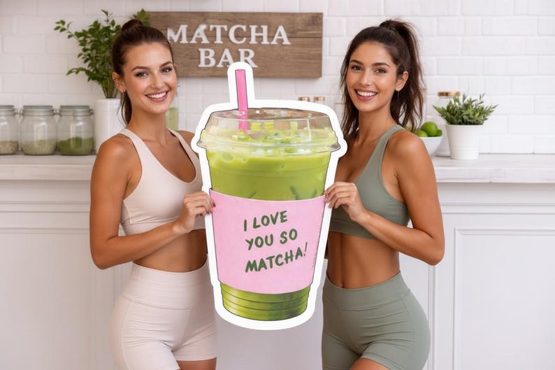 May include: Two women holding a large, cut-out image of a matcha drink in a clear plastic cup with a pink sleeve that reads "I LOVE YOU SO MATCHA!". The drink is green, and the straw is pink. A wooden sign that says "MATCHA BAR" is in the background.
