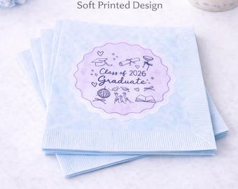 Servilletas de graduación de la promoción de 2026 / Paquete de 50 servilletas personalizadas para bebidas / Decoración para fiesta de graduación en azul y lila / Fiesta de graduación estilo preppy