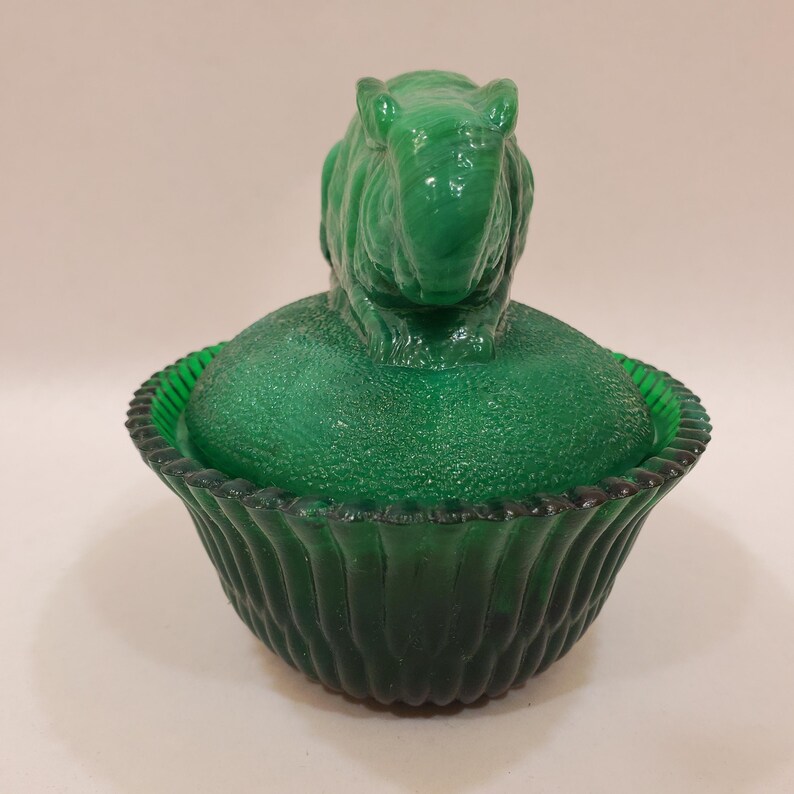 Vintage Malachite Green Slag Glass Rabbit on Nest 5.5