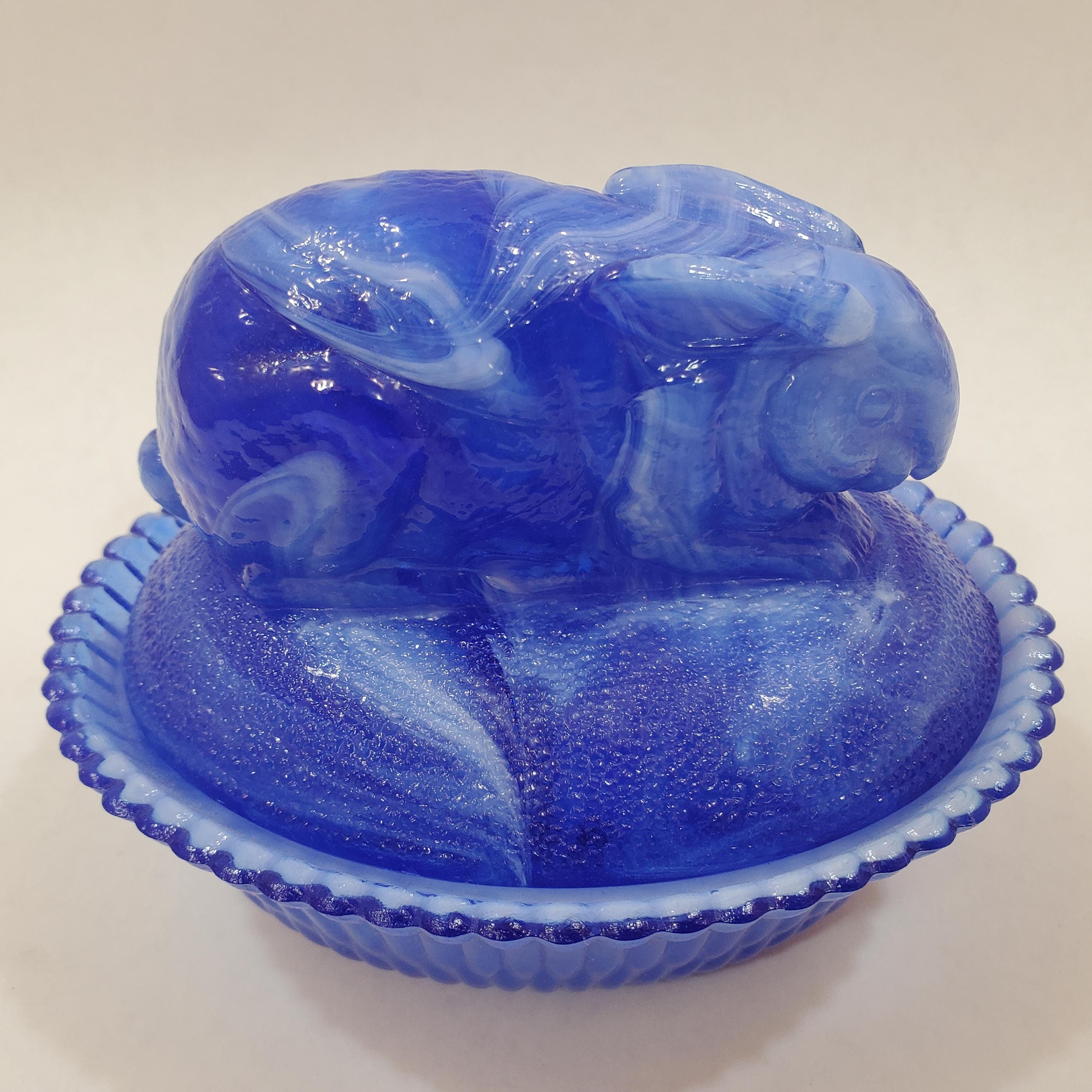 Vintage Cobalt Blue and White Slag Glass Rabbit on Nest 5.5