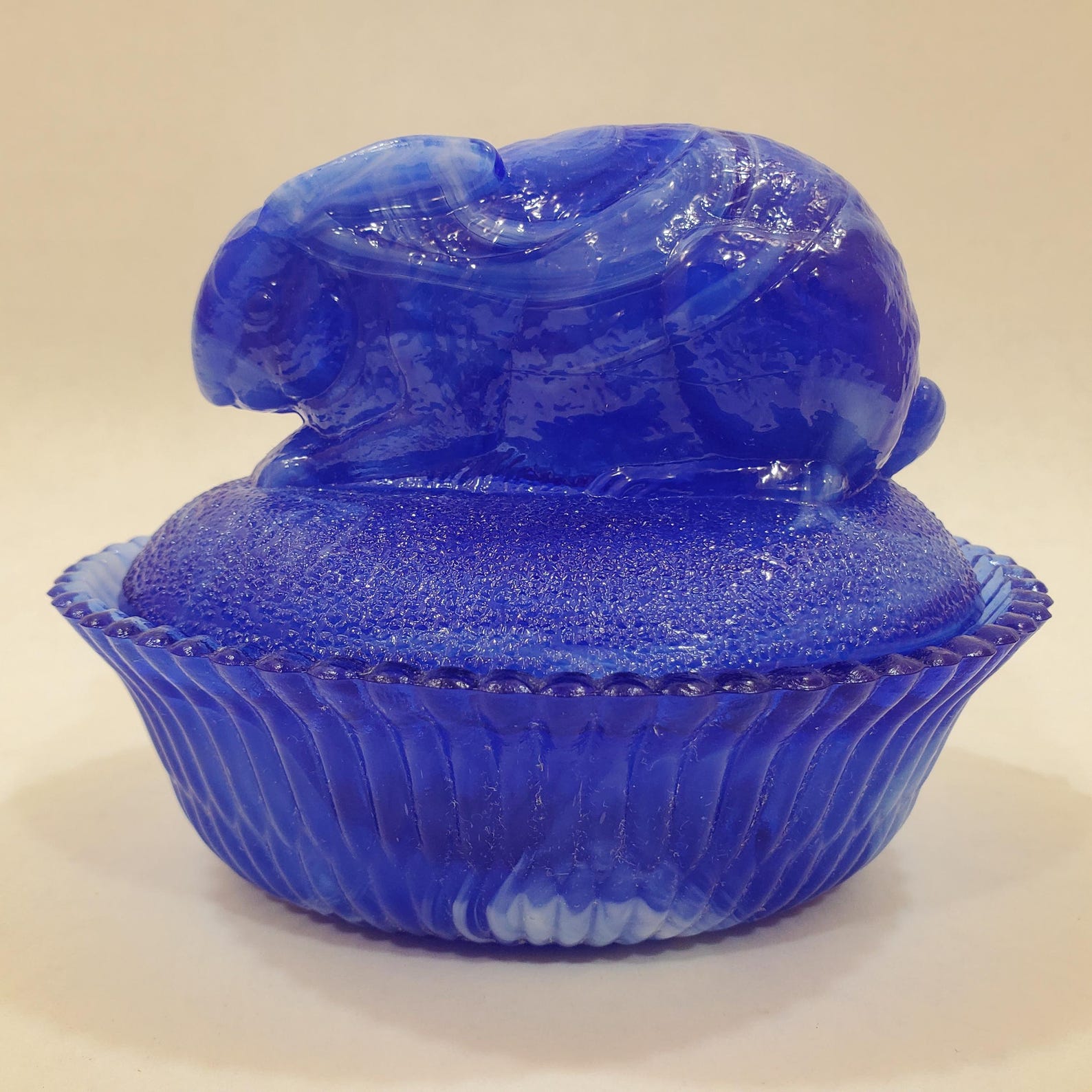 Vintage Cobalt Blue and White Slag Glass Rabbit on Nest 5.5