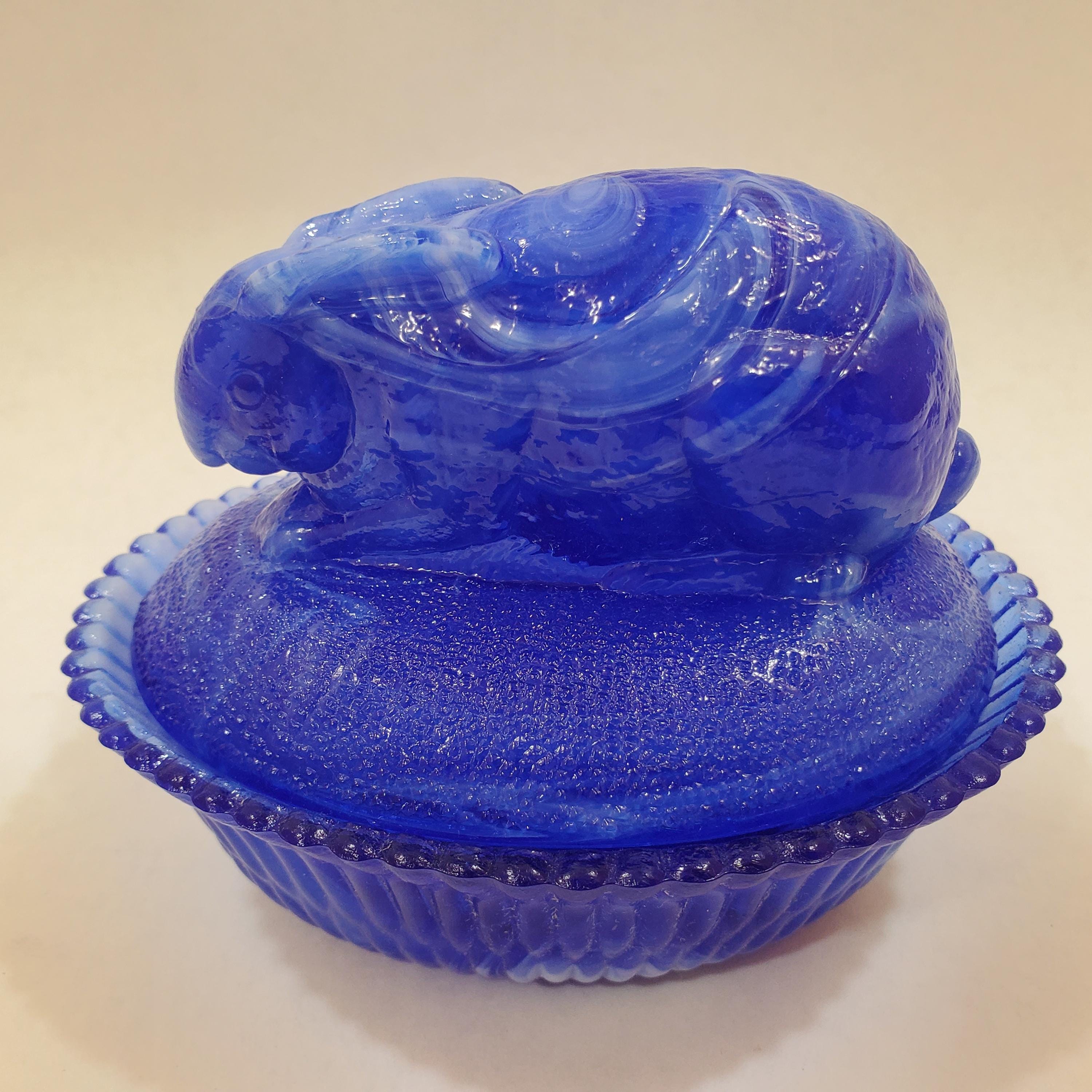 Vintage Cobalt Blue and White Slag Glass Rabbit on Nest 5.5
