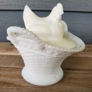 Vintage White Milk Glass Hen on Handled Basket Westmoreland Summit Art Glass Covered Dish Chick Chicken Collectible