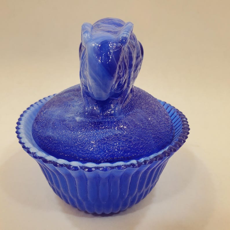Vintage Cobalt Blue and White Slag Glass Rabbit on Nest 5.5