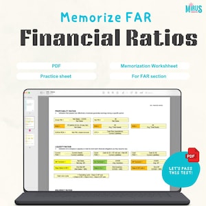 Può includere: Un laptop mostra una guida allo studio dei rapporti finanziari con il testo "Memorizza FAR Financial Ratios". Lo schermo mostra le formule per i rapporti di redditività, liquidità e solvibilità. È visibile anche un'icona PDF rossa e il testo "Superiamo questo test!"