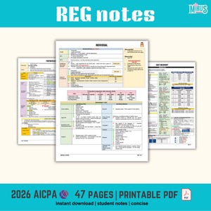May include: A set of three educational study sheets titled REG notes, featuring detailed tax information on individual filing status, partnerships, and cost recovery. The documents are organized into tables with text, bullet points, and color-coded sections.