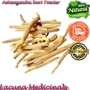 May include: A pile of dried ashwagandha root pieces, light brown in color, against a white background. The image includes text that reads "Ashwagandha Root Powder" and "Lacuna Medicinals". There are also graphics indicating "100% Natural products" and "Best Seller".