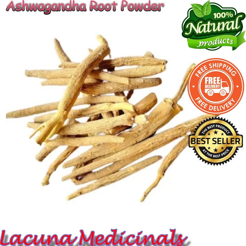 May include: A pile of dried ashwagandha root pieces, light brown in color, against a white background. The image includes text that reads "Ashwagandha Root Powder" and "Lacuna Medicinals". There are also graphics indicating "100% Natural products" and "Best Seller".