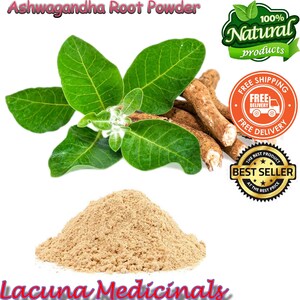 May include: A pile of light brown ashwagandha root powder with green leaves and brown roots. The image includes text that reads "Ashwagandha Root Powder" and "Lacuna Medicinals". There are also seals that say "100% Natural products", "Free Shipping", and "Best Seller".