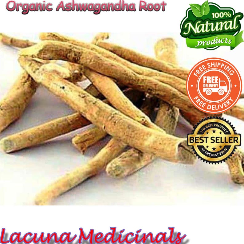 May include: A collection of light brown organic ashwagandha root sticks, showing natural textures. The image features text: "Organic Ashwagandha Root", "100% Natural products", "Best Seller", and "Lacuna Medicinals".