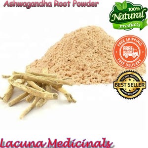 May include: Image of Ashwagandha Root Powder, a natural product. The image shows a pile of light brown powder and several pieces of dried root. The text "100% Natural products" and "Best Seller" are also visible.