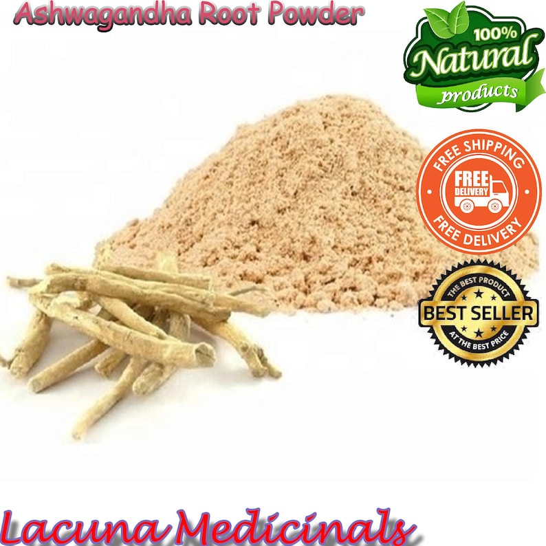 May include: Image of Ashwagandha Root Powder, a natural product. The image shows a pile of light brown powder and several pieces of dried root. The text "100% Natural products" and "Best Seller" are also visible.