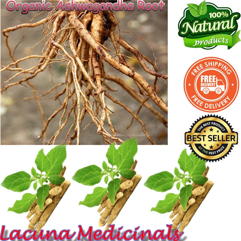 May include: Image of organic Ashwagandha root, showing the root system in detail. The image also shows three bundles of Ashwagandha with green leaves. The text "100% Natural products" is visible, along with "Best Seller" and "Free Delivery".