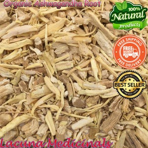 May include: A close-up shot of dried organic ashwagandha root pieces. The image displays a collection of light brown, dried root fragments. The image includes the text "Organic Ashwagandha Root", "100% Natural products", "Free Shipping", and "Best Seller".