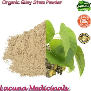 Könnte beinhalten: Bild von Bio-Giloy-Stamm-Pulver, einem hellbraunen Pulver, neben grünen Blättern und Stängeln. Der Text "Organic Giloy Stem Powder" steht oben und "Lacuna Medicinals" unten. Produktetiketten sind ebenfalls vorhanden.