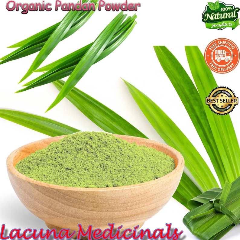 May include: A wooden bowl filled with green organic pandan powder, surrounded by fresh green pandan leaves. The text "Organic Pandan Powder" and "Lacuna Medicinals" are visible. The image also includes "100% Natural products" and "Best Seller" labels.