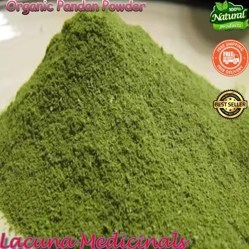 May include: A close-up of a pile of bright green organic pandan powder. The text "Organic Pandan Powder" is at the top, and "Lacuna Medicinals" is at the bottom. The image also includes "100% Natural products", "Free Shipping", and "Best Seller" badges.