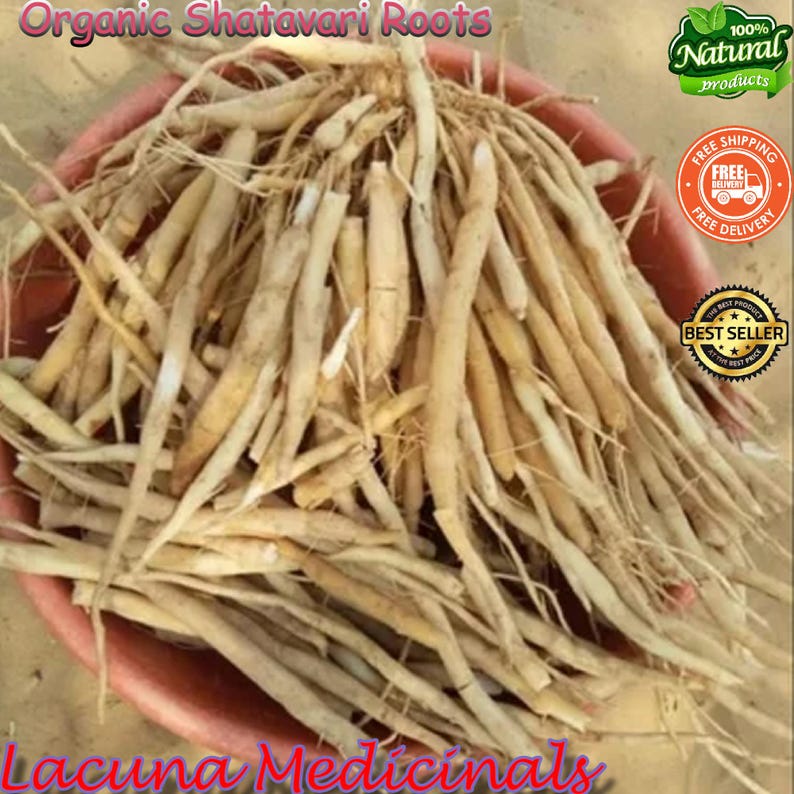 May include: A collection of light beige organic Shatavari roots in a reddish-brown bowl. The image features the text "Organic Shatavari Roots" and "Lacuna Medicinals". There is also a "100% Natural products" logo and a "Best Seller" badge.