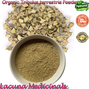 May include: A white bowl containing fine, tan powder, possibly a supplement. Above the bowl, a pile of dried, spiky plant material is visible. The text "Organic Tribulus terrestris Powder" is at the top. The brand name "Lacuna Medicinals" is at the bottom.