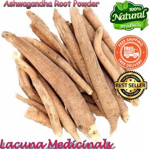 May include: A pile of ashwagandha root powder, with a light brown color and a rough texture. The image includes text that reads "Ashwagandha Root Powder", "100% Natural products", "Free Shipping", and "Best Seller".