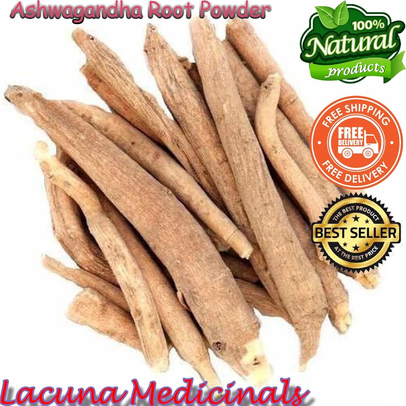 May include: A pile of ashwagandha root powder, with a light brown color and a rough texture. The image includes text that reads "Ashwagandha Root Powder", "100% Natural products", "Free Shipping", and "Best Seller".