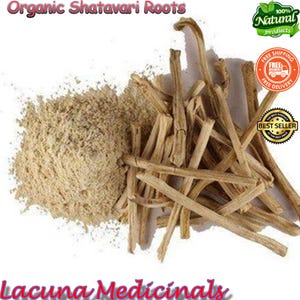 May include: An image featuring organic Shatavari roots and powder. A pile of light brown powder is next to a bundle of dried, beige roots. The text "Organic Shatavari Roots" and "Lacuna Medicinals" are visible.