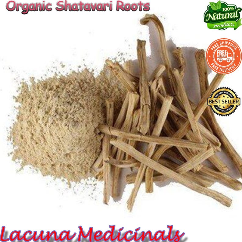 May include: An image featuring organic Shatavari roots and powder. A pile of light brown powder is next to a bundle of dried, beige roots. The text "Organic Shatavari Roots" and "Lacuna Medicinals" are visible.