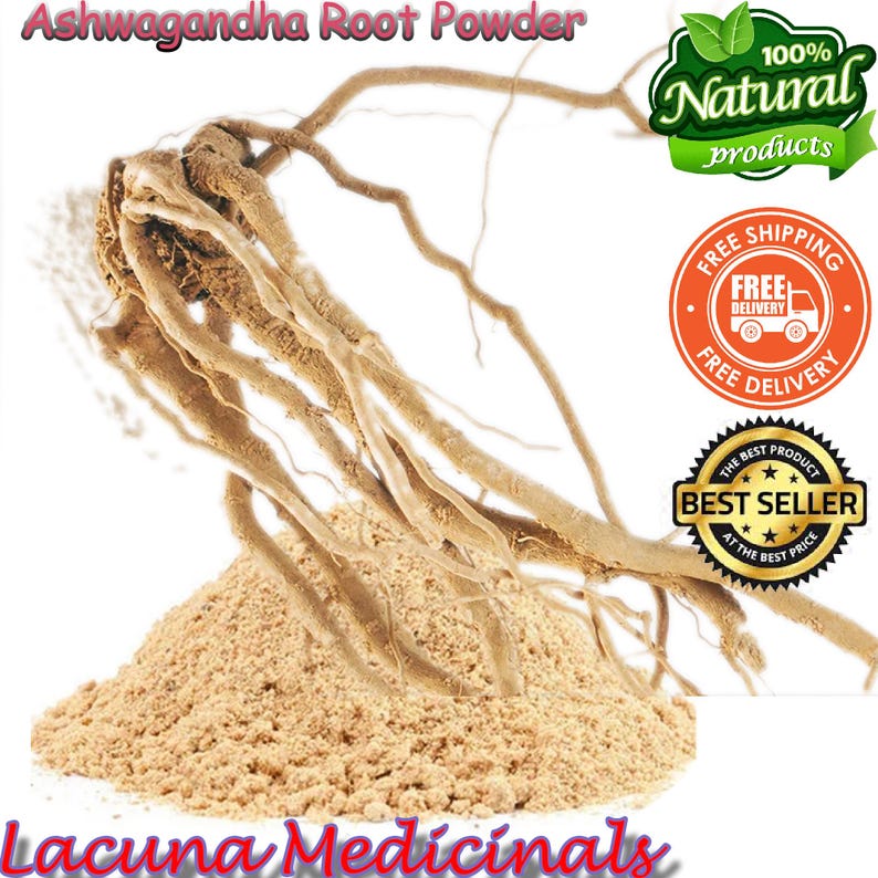 May include: A pile of light brown ashwagandha root powder with visible root pieces. The image includes text that reads "Ashwagandha Root Powder", "100% Natural products", and "Lacuna Medicinals". There are also "Best Seller" and "Free Delivery" badges.