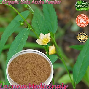 Puede incluir: Primer plano de un cuenco de vidrio lleno de polvo marrón, etiquetado como "Organic Sida Acuta Powder" y "Lacuna Medicinals". La imagen presenta hojas verdes, flores amarillas y una insignia de "Best Seller".