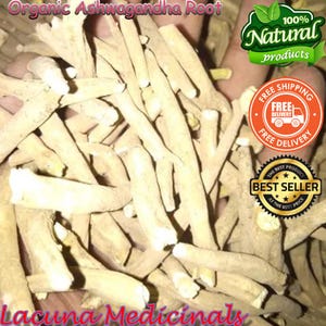 May include: A close-up of organic ashwagandha root pieces. The image shows a pile of light brown, dried root segments. The text in the image says "Organic Ashwagandha Root", "100% Natural products", "Free Shipping", and "Best Seller".