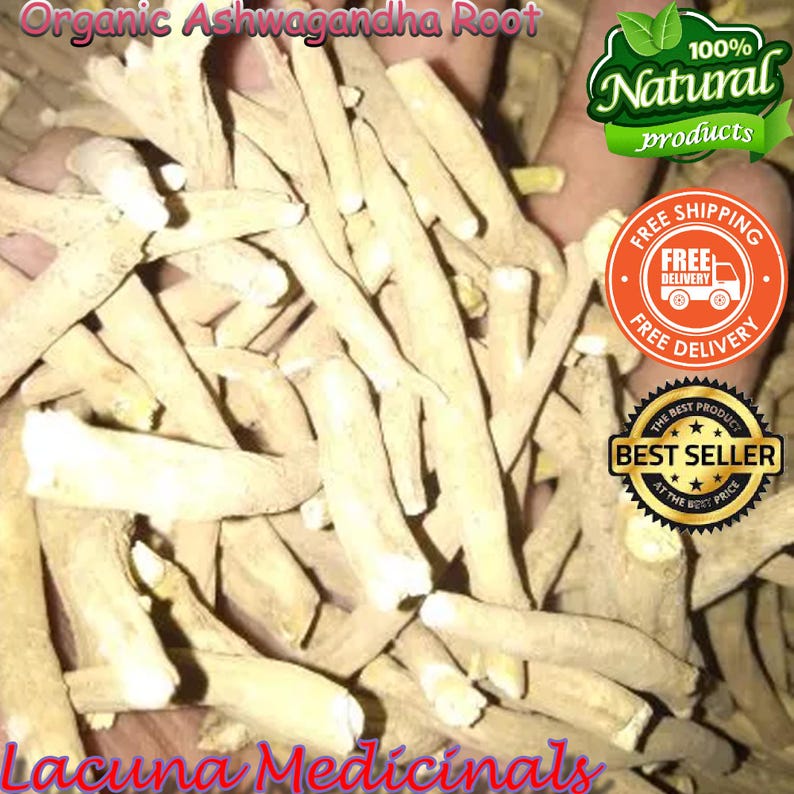 May include: A close-up of organic ashwagandha root pieces. The image shows a pile of light brown, dried root segments. The text in the image says "Organic Ashwagandha Root", "100% Natural products", "Free Shipping", and "Best Seller".