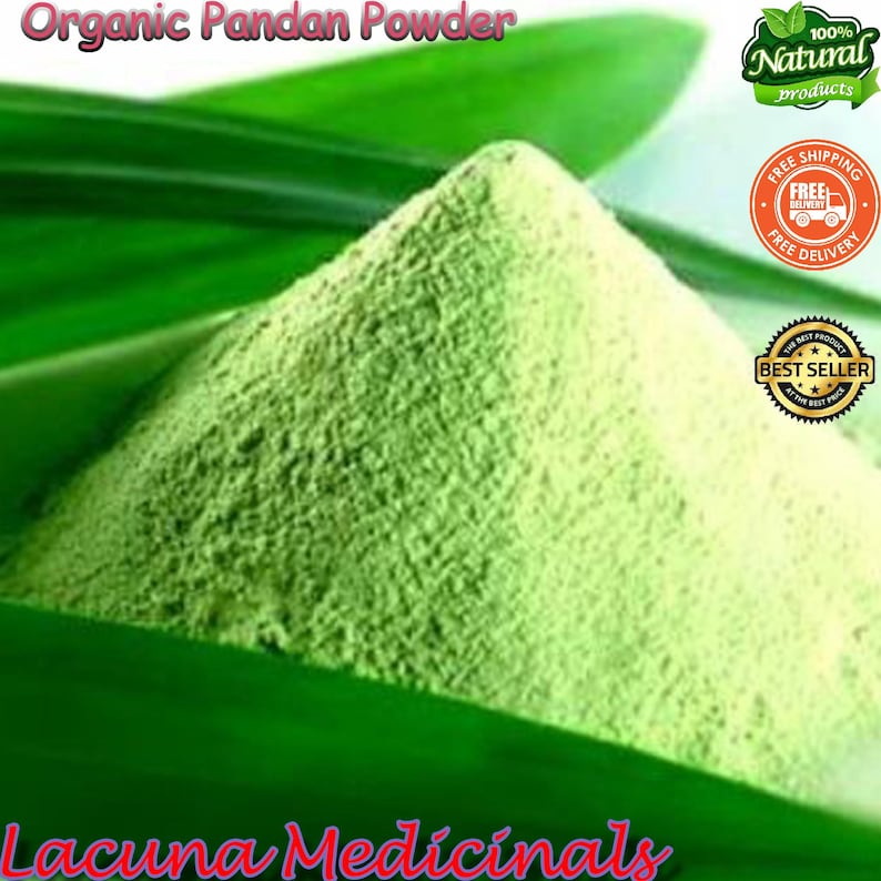 May include: A pile of finely ground, light green organic pandan powder, with the text "Organic Pandan Powder" at the top. The powder sits on a bed of green leaves, with the text "Lacuna Medicinals" at the bottom. There are also product labels.