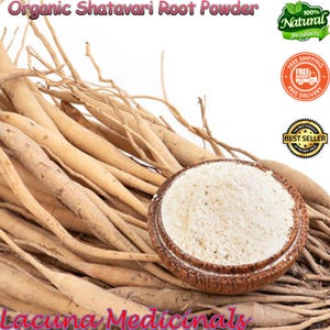 May include: Image of organic Shatavari root powder. A wooden bowl contains light-coloured powder, surrounded by dried Shatavari roots. The text "Organic Shatavari Root Powder" is visible at the top of the image.