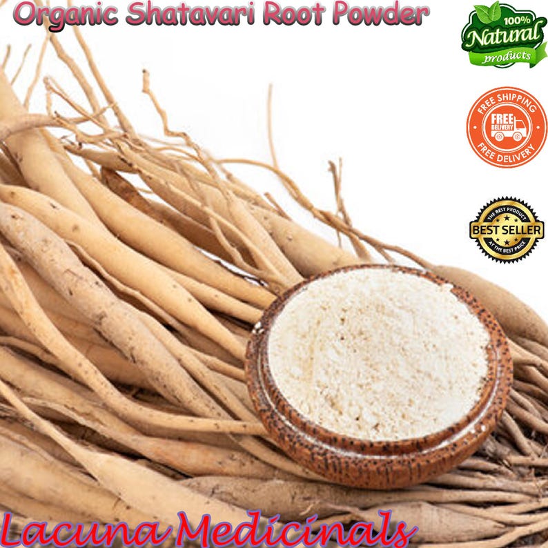 May include: Image of organic Shatavari root powder. A wooden bowl contains light-coloured powder, surrounded by dried Shatavari roots. The text "Organic Shatavari Root Powder" is visible at the top of the image.