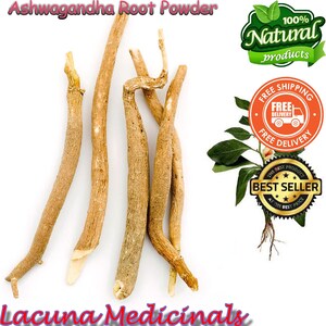 May include: Image of ashwagandha root powder. The image shows several light brown, dried ashwagandha roots. The text in the image reads "Ashwagandha Root Powder", "100% Natural products", "Free Shipping", "Best Seller", and "Lacuna Medicinals".