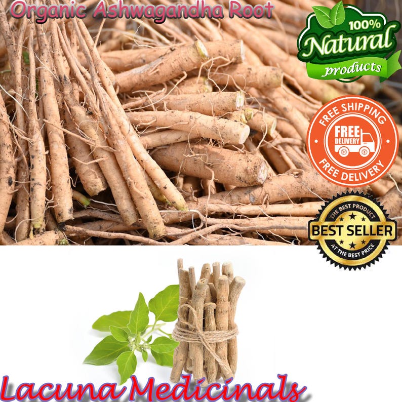 May include: Image of organic Ashwagandha root, a natural product. The image includes text that says "100% Natural products", "Free Delivery", and "Best Seller". A bundle of Ashwagandha sticks is also shown.