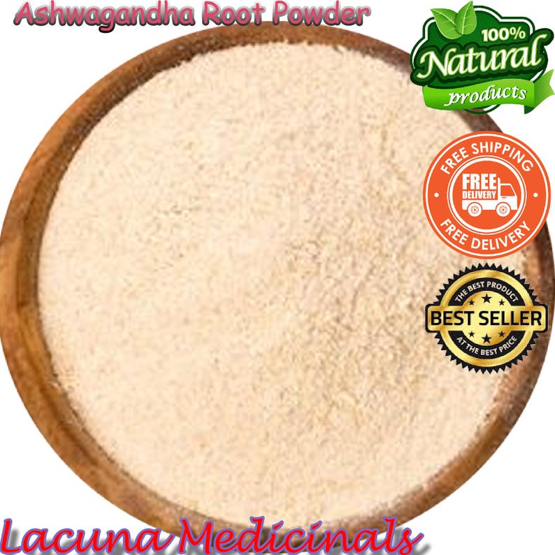 May include: A wooden bowl filled with light beige ashwagandha root powder. The image includes text that reads "Ashwagandha Root Powder", "100% Natural products", and "Lacuna Medicinals". There are also "Best Seller" and "Free Delivery" badges.