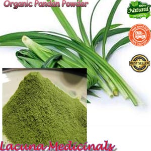 May include: An image of organic pandan powder, a vibrant green powder, with fresh pandan leaves. The text "Organic Pandan Powder" and "Lacuna Medicinals" are visible. The image also includes labels for "100% Natural products", "Free Shipping", and "Best Seller".