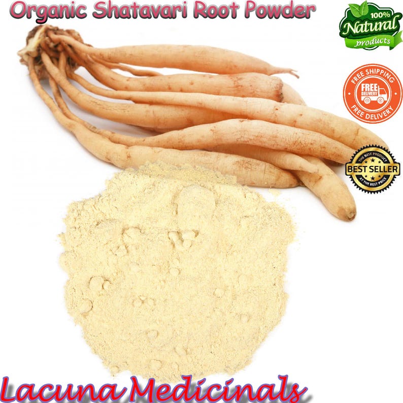 May include: Image of organic Shatavari root powder. The image shows several light brown Shatavari roots and a pile of light beige powder. The text "Organic Shatavari Root Powder" is at the top. The text "Lacuna Medicinals" is at the bottom.