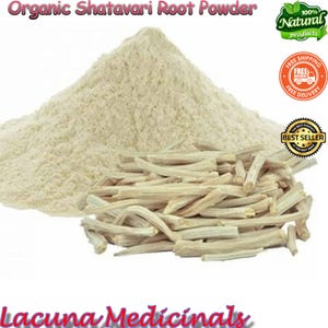 May include: A light beige pile of Shatavari root powder and a bundle of dried Shatavari roots. The image includes text that reads "Organic Shatavari Root Powder" and "Lacuna Medicinals". There are also labels that say "100% Natural products", "Free Shipping", and "Best Seller".