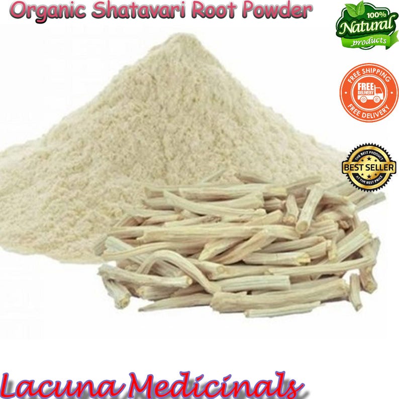 May include: A light beige pile of Shatavari root powder and a bundle of dried Shatavari roots. The image includes text that reads "Organic Shatavari Root Powder" and "Lacuna Medicinals". There are also labels that say "100% Natural products", "Free Shipping", and "Best Seller".