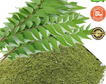 May include: Image of organic curry leaf powder with fresh green curry leaves. The text "Organic Curry leaf Powder" is at the top. The text "Lacuna Medicinals" is at the bottom. The image also includes the text "100% Natural products", "FREE SHIPPING", and "BEST SELLER".
