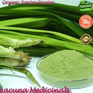 May include: A close-up of organic pandan powder in a clear glass dish, with fresh green pandan leaves in the background. The text "Organic Pandan Powder" and "Lacuna Medicinals" are visible. The image also includes "100% Natural products" and "Best Seller" labels.