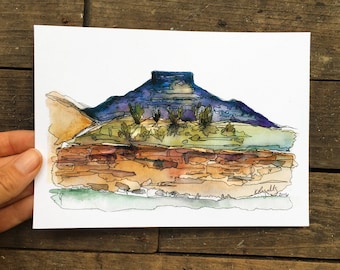 Pedernal Abiquiu, New Mexico watercolo,r National Park art print, landscape desert painting