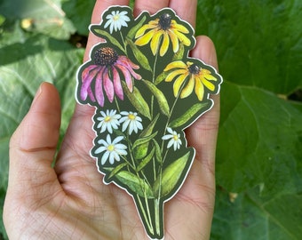 Daisy Wildflowers, 4” vinyl weatherproof sticker, decal, watercolor, Shasta daisy, black eyed susan, echinacea