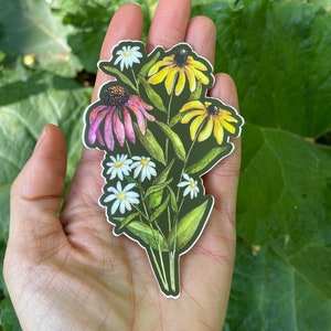 Daisy Wildflowers, 4” vinyl weatherproof sticker, decal, watercolor, Shasta daisy, black eyed susan, echinacea